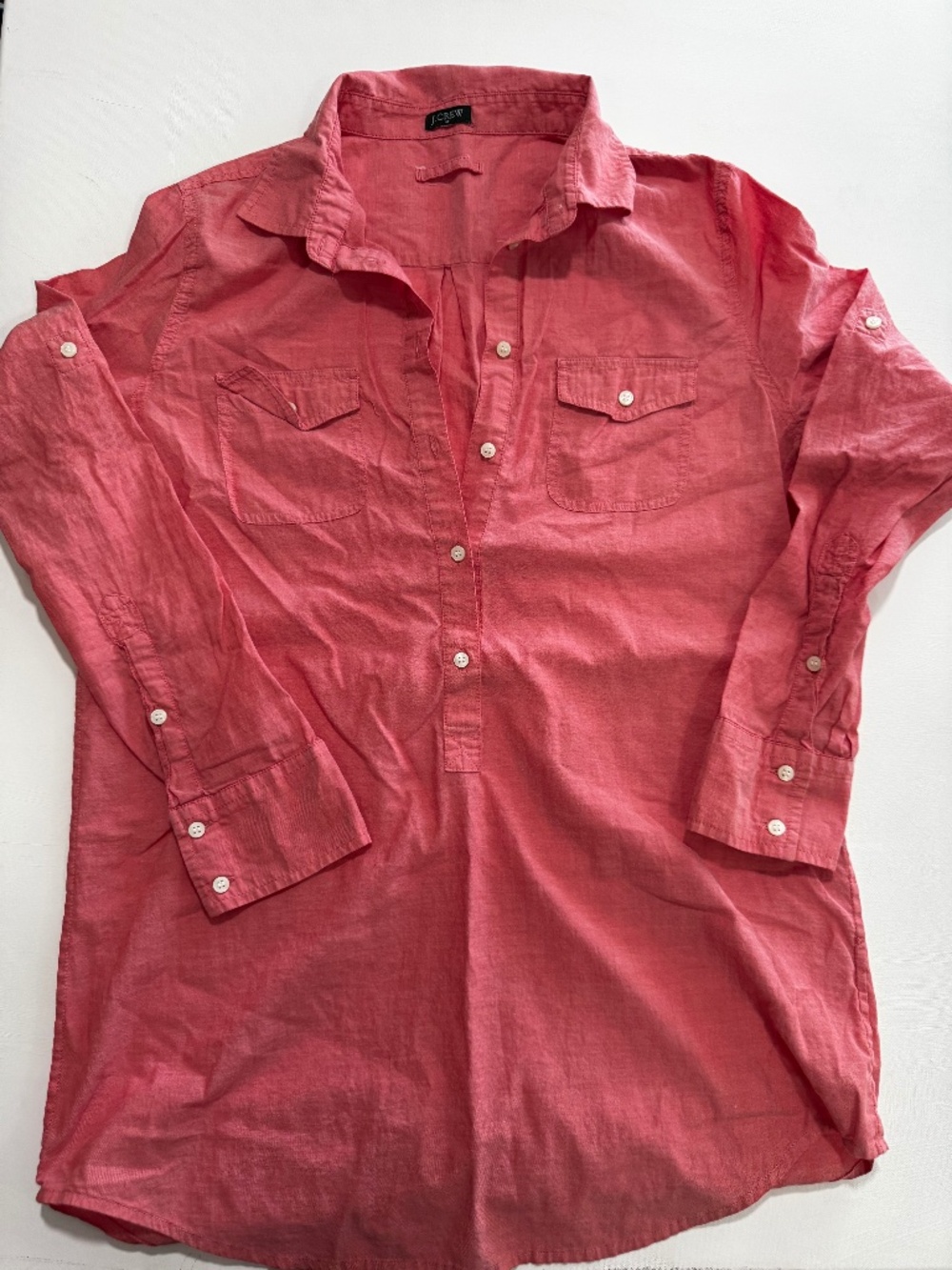 J CREW L Womens Red Blend Popover Tunic Top Cotton Roll-Tab‎ Sleeves Coastal